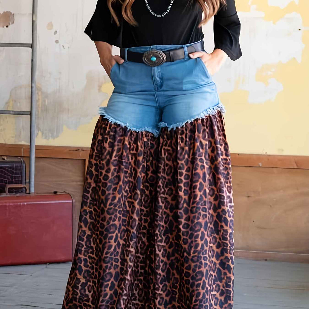 Women's High Waist Pocket Jeans - Retro Print Loose Casual Flared Trousers