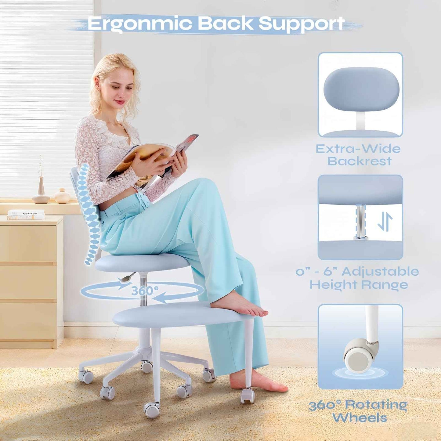 Ergonomic Cross Legged Office Chair | 360° Swivel, Adjustable Height, Lumbar Support, Velvet and PU Leather Black, Stainless Steel Frame, Memory Foam, Perfect Christmas Gift for Fidgety Sitters and Yoga Lover.