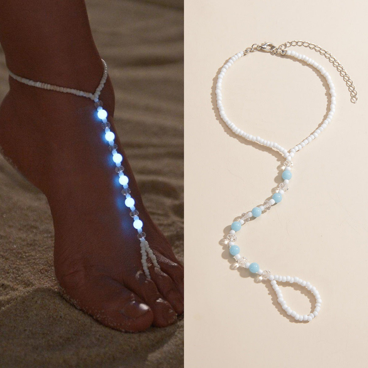 Boho Chic Adjustable Beaded Anklet with Glow-in-the-Dark Features - Summer Beach Vacation Foot Jewelry for Women, Resin Material, Perfect for Parties and Getaways, Vacation Accessory|Glowing Beads|Resin Construction, Beach Ac SS69 7.69 White