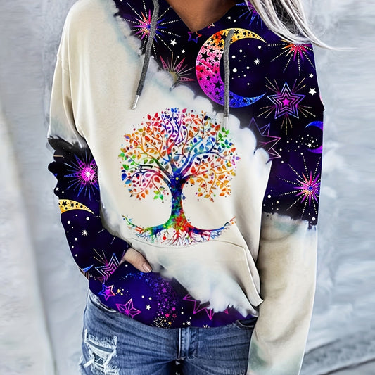 Casual Long Sleeve Moon & Tree Print Drawstring Hoodie - Kangaroo Pocket Sweatshirt for Women SS69 14.69 Mixed Color 1 / XXL