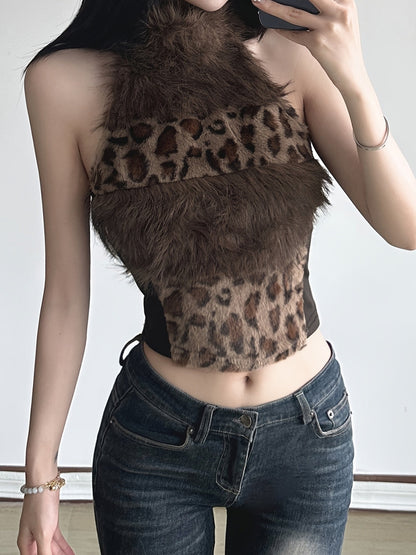 Retro Furry Patchwork Leopard Print Color-Blocked High-Neck Crop Top, Sleeveless And Sexy Backless, Inspired by Japanese And Korean Street Fashion. SS69
