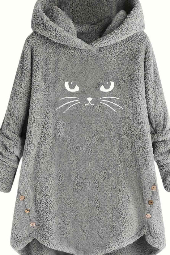Plus Size, Women's Plus Size Cat Print Button Detail Hem Plush Casual Long Sleeve Hooded Sweatshirt