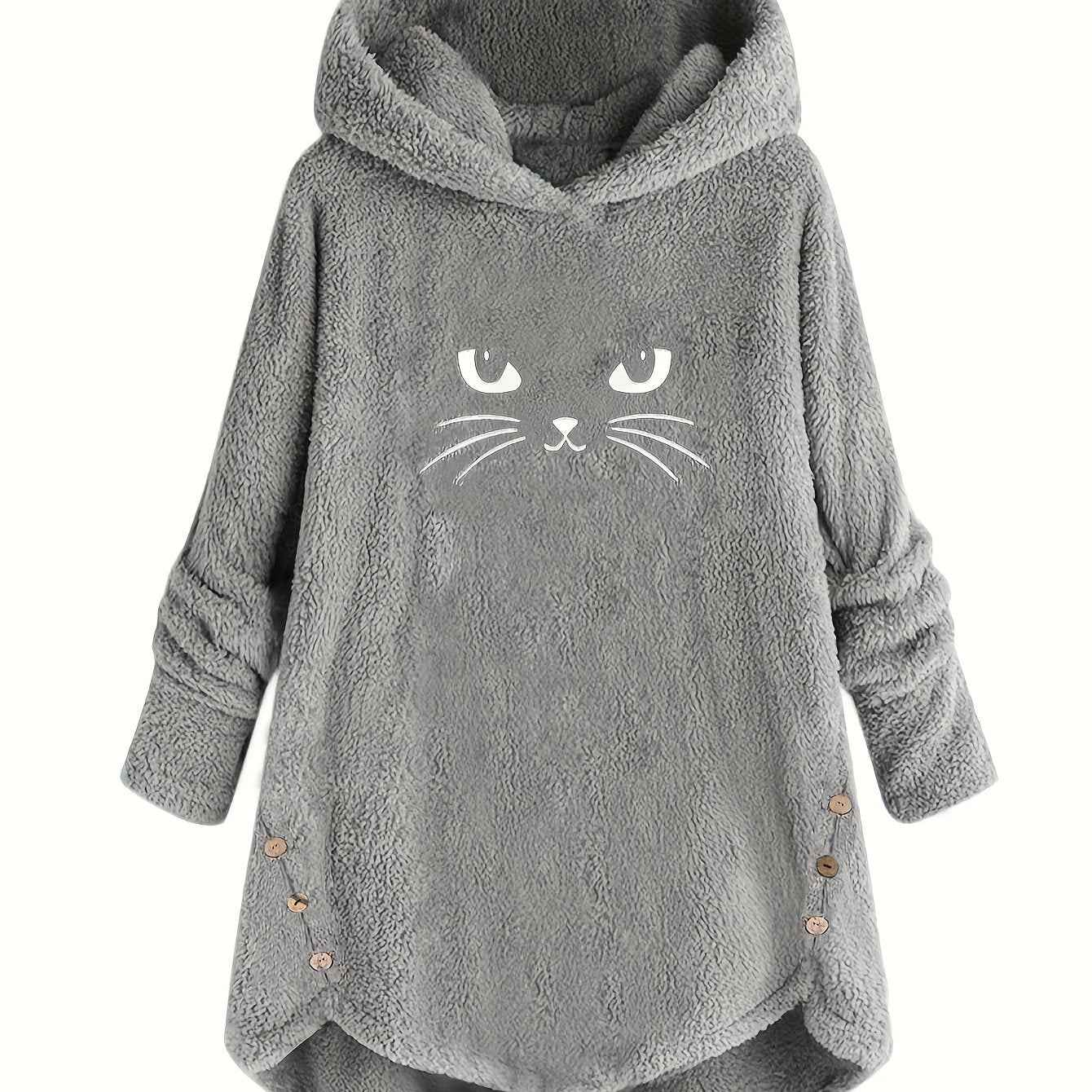 Plus Size, Women's Plus Size Cat Print Button Detail Hem Plush Casual Long Sleeve Hooded Sweatshirt