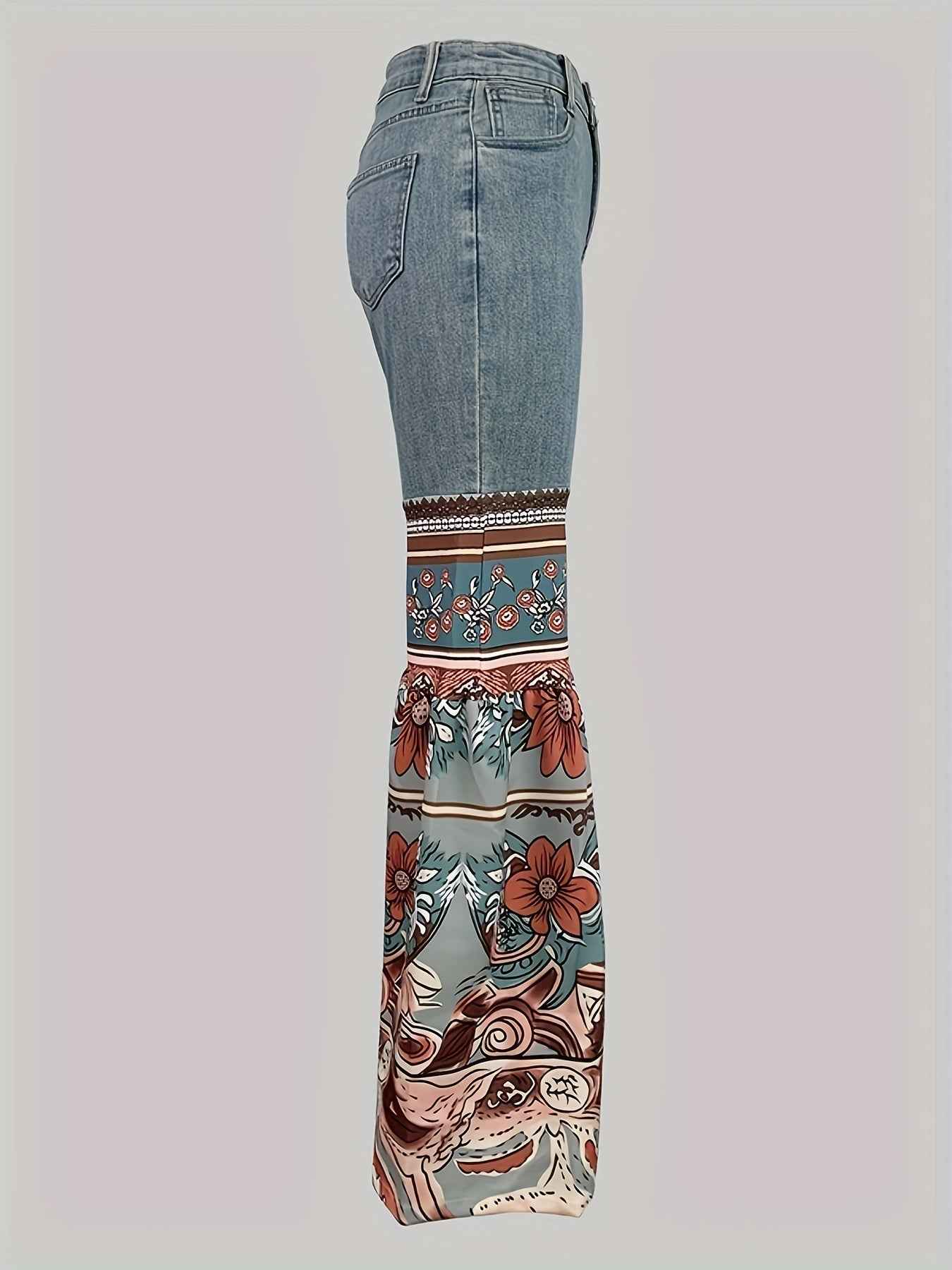 Women'S New Retro Printed High Waisted Pocket Jeans, Loose Casual Flared Pants