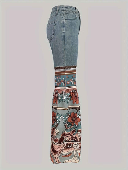 Women'S New Retro Printed High Waisted Pocket Jeans, Loose Casual Flared Pants