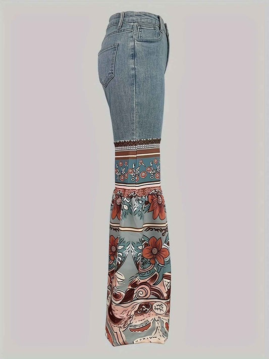 Women'S New Retro Printed High Waisted Pocket Jeans, Loose Casual Flared Pants