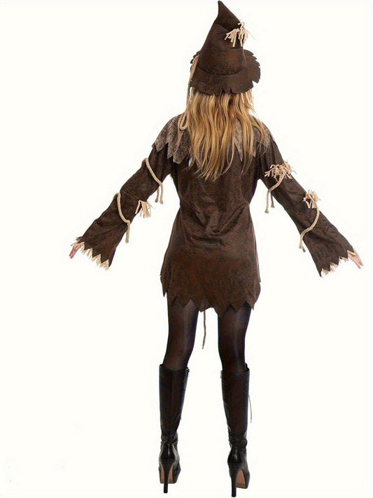 Women's Scary Scarecrow Costume with Hat & Dress - Complete Halloween Outfit with Straw-like Hair, Fake Drawstring Neck Ruffle Collar & Waist Rope - 100% Polyester Durable Costume for Halloween Parties, Themed Events, Wizard SS69