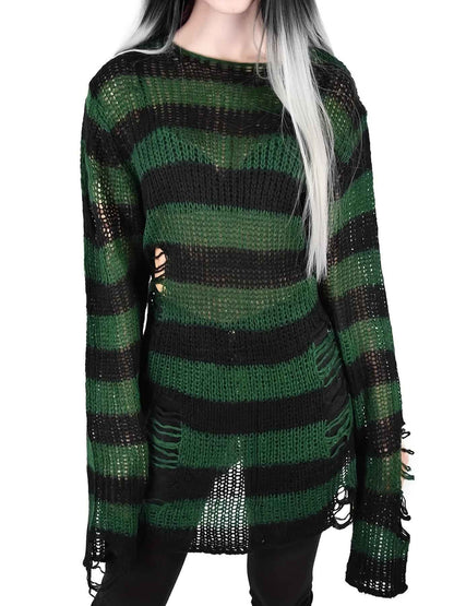 [Gothic Knitted Top] Gothic Long Loose-Fitting Knitted Top - Round Neck, Unique Torn Design with Contrasting Stripes