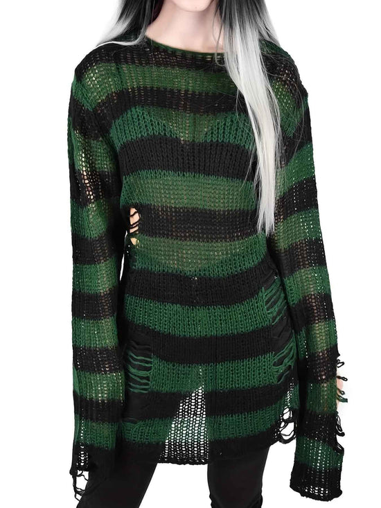 [Gothic Knitted Top] Gothic Long Loose-Fitting Knitted Top - Round Neck, Unique Torn Design with Contrasting Stripes