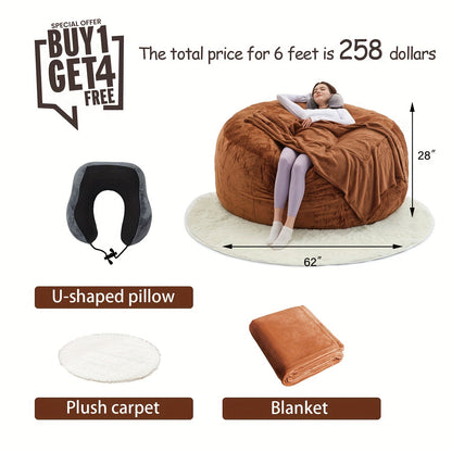 Bean Bag Chair(Give 3 Gifts:U-shape Pillow, Blanket Pillow, 6FT Carpet)Comfy Lazy Sofa Bed, Including 50 Pounds Of Filler, Large 6' Bean Bags With Memory Foam Filled, Large Beanbag Chairs Soft Sofa With Flannel Cover SS69 103.69 6FT(58"D x 58"W x 28"H) / Brown (Give 3 Gifts)