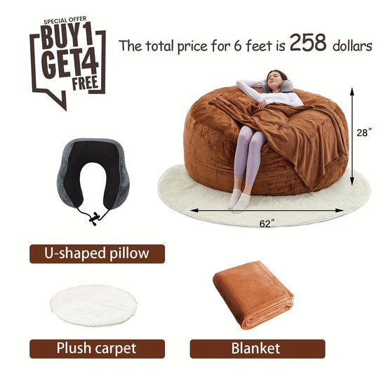 Bean Bag Chair(Give 3 Gifts:U-shape Pillow, Blanket Pillow, 6FT Carpet)Comfy Lazy Sofa Bed, Including 50 Pounds Of Filler, Large 6' Bean Bags With Memory Foam Filled, Large Beanbag Chairs Soft Sofa With Flannel Cover SS69 103.69 6FT(58