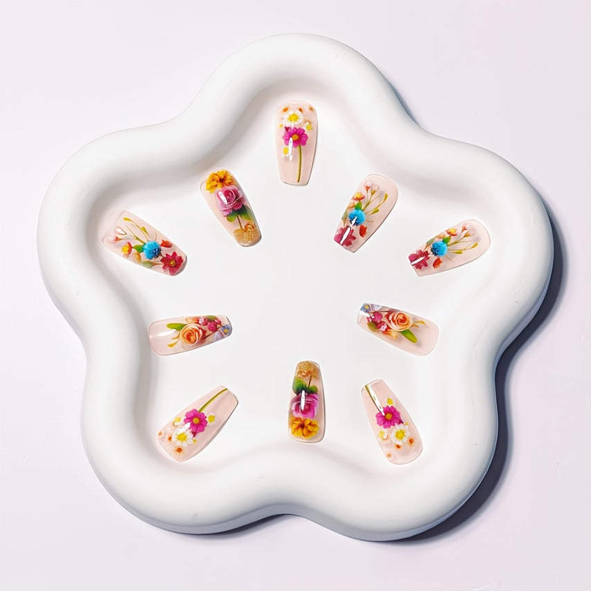 24pcs 3D Floral Press On Nails - Square Medium Length False Nails with Glossy Finish, Vibrant Blue & Red Floral Design, Includes Jelly Glue & Nail File for Women s Summer Manicure, Stylish Fake Nails Creative Beauty Accessory SS69