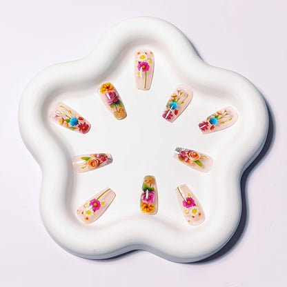 24pcs 3D Floral Press On Nails - Square Medium Length False Nails with Glossy Finish, Vibrant Blue & Red Floral Design, Includes Jelly Glue & Nail File for Women s Summer Manicure, Stylish Fake Nails Creative Beauty Accessory SS69