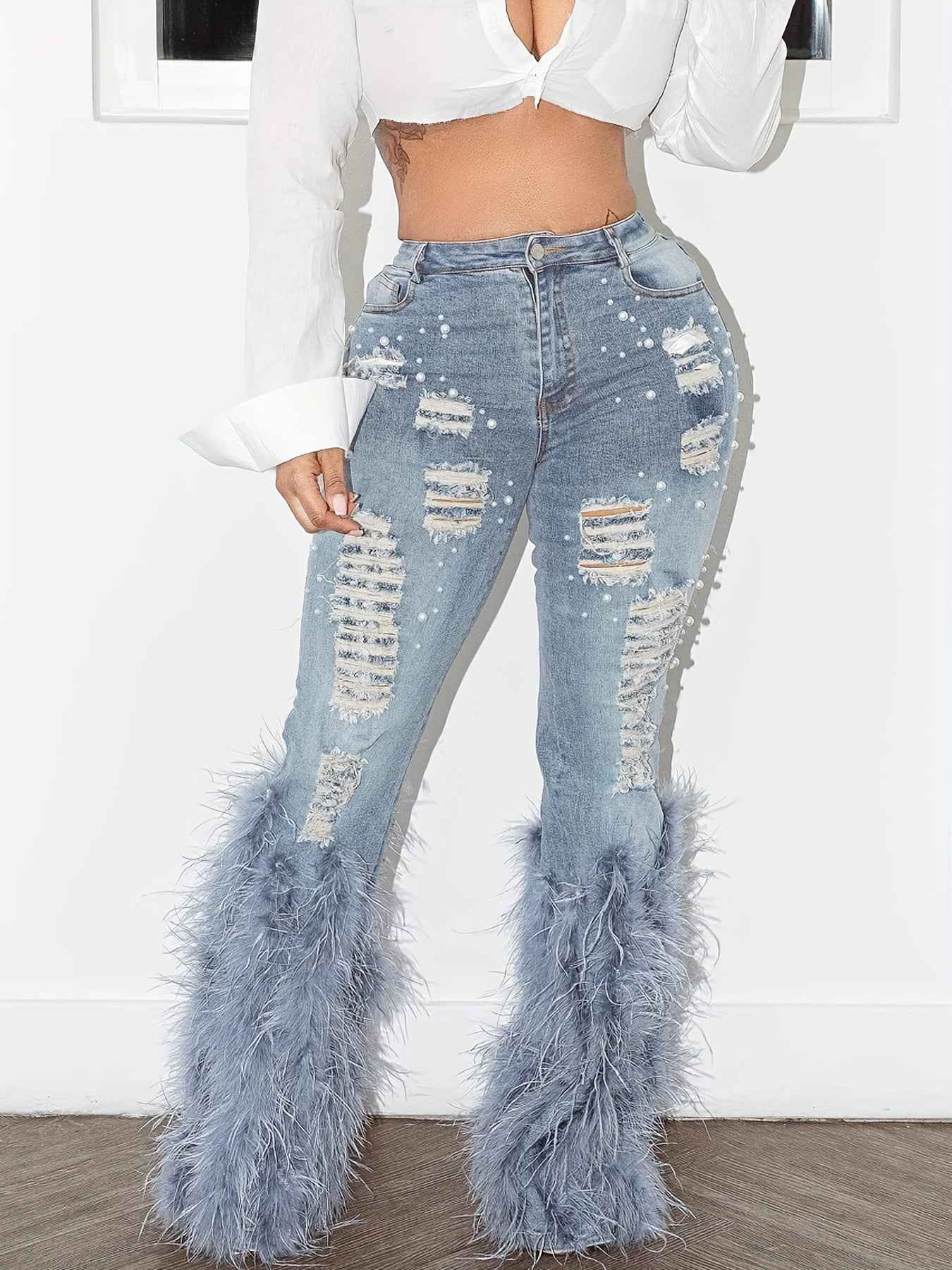Beaded Long Whiskered Jeans - Women's Single Fashion Casual Jeans