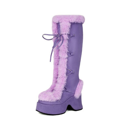 Women's Y2K Goth Boots/Faux Fur Knee-High Platform Winter/Chunky Heel & Lace-Up Closure/Warm Pink Furry Collar/Square Toe/Thick Rubber Sole & PU Cover/Cozy Snow Boots for Christmas, Parties & Casual Attire/Cold Weather Footwe