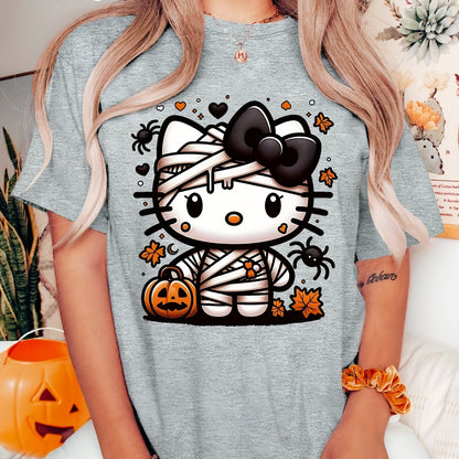 Sanrio Official Halloween Hello Kitty T-Shirt - Mummy Wrapped Graphic Tee with Orange Pumpkin, Casual Costume Party Outfit or Everyday Shirt for Women & Teens (S-XXL, Multi-Color Options) - Cute Sanrio Apparel, Halloween Clot SS69 15.69 Light Grey / XXL
