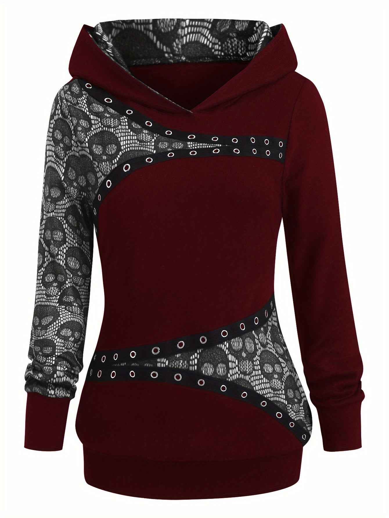 Women's Gothic Retro Skull & Lace-like Hooded Sweater - Black & White Color-Block Long Sleeve with Metal Grommet Eyelets, Slim-Fit Winter Warm Pullover, Machine Washable for Casual & Costume Outfits
