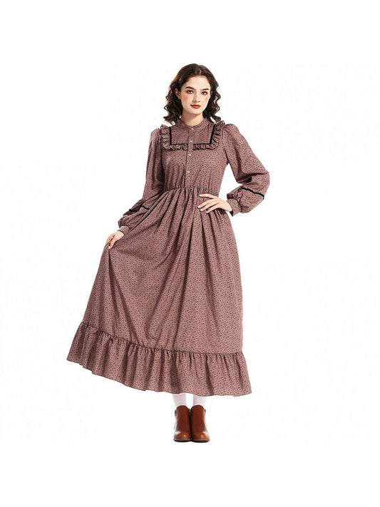 Women's Victorian-Inspired Victorian Maid Dress - Brown & A-Line Full-Length Skirt Set with Ruffled Collar & Waist Belt, Loose-Fit Long Sleeve Costume for Renaissance Fairs, Historical Role-Play & Themed Parties (No Lining)