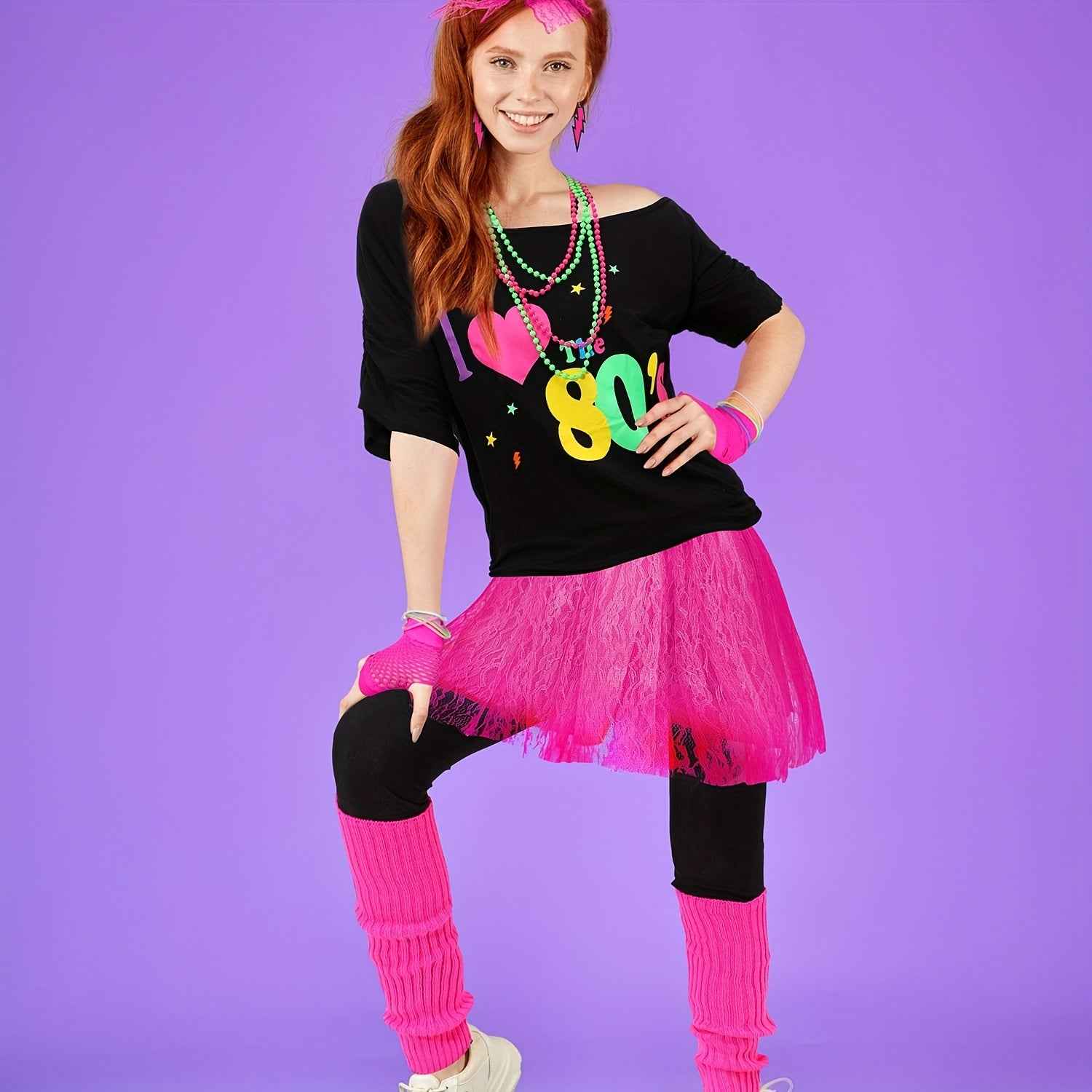 Bracelet Packs 19pcs 80s Costume Set T Shirt Leggings Tutu Skirt Headband Necklace Bracelets Earrings Gloves Leg Warmers For Women (Black Leggings, X-Large)
