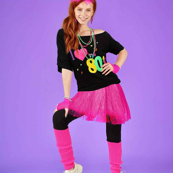 Bracelet Packs 19pcs 80s Costume Set T Shirt Leggings Tutu Skirt Headband Necklace Bracelets Earrings Gloves Leg Warmers For Women (Black Leggings, X-Large)