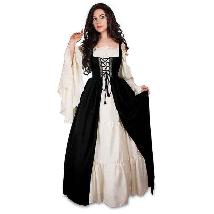 [Elegant Medieval Costume] Elegant Women's Medieval Two-Piece Costume - Renaissance Drama Outfit with Corset-like Bodice & Long Flowing Skirt | Halloween, Renaissance Faire, Themed Parties | Burgundy/White, Black/White, Green