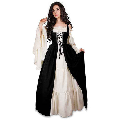 [Elegant Medieval Costume] Elegant Women's Medieval Two-Piece Costume - Renaissance Drama Outfit with Corset-like Bodice & Long Flowing Skirt | Halloween, Renaissance Faire, Themed Parties | Burgundy/White, Black/White, Green