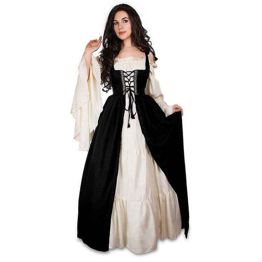 [Elegant Medieval Costume] Elegant Women's Medieval Two-Piece Costume - Renaissance Drama Outfit with Corset-like Bodice & Long Flowing Skirt | Halloween, Renaissance Faire, Themed Parties | Burgundy/White, Black/White, Green