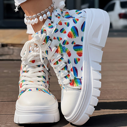 Heart Print Double Zipper Design Lace-up Sneakers - SS69