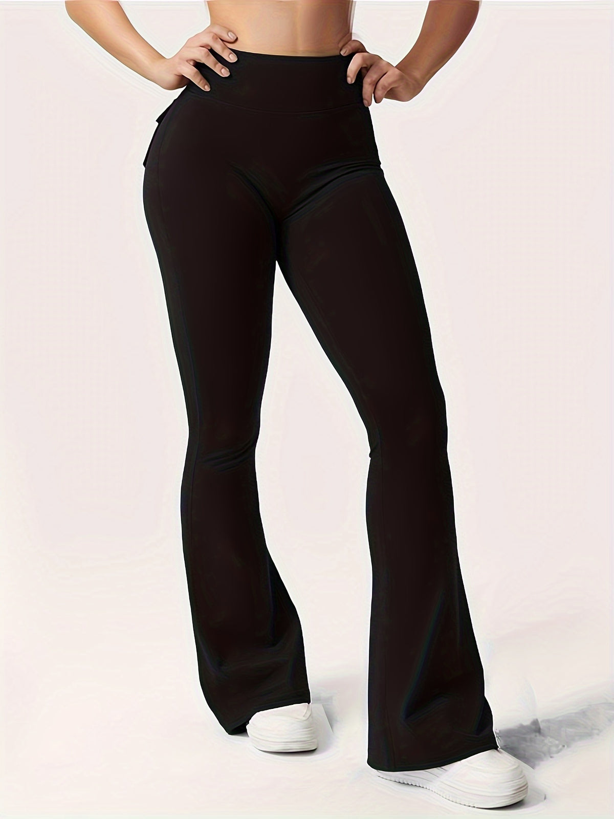 Full Of Elasticity Slim Fit Women's Pocket Yoga Pants - High Waist, Wide Legs, Solid Color, With Phone Pocket - SS69