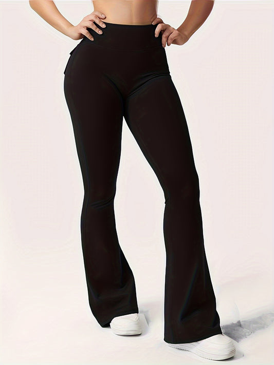 Full Of Elasticity Slim Fit Women's Pocket Yoga Pants - High Waist, Wide Legs, Solid Color, With Phone Pocket - SS69