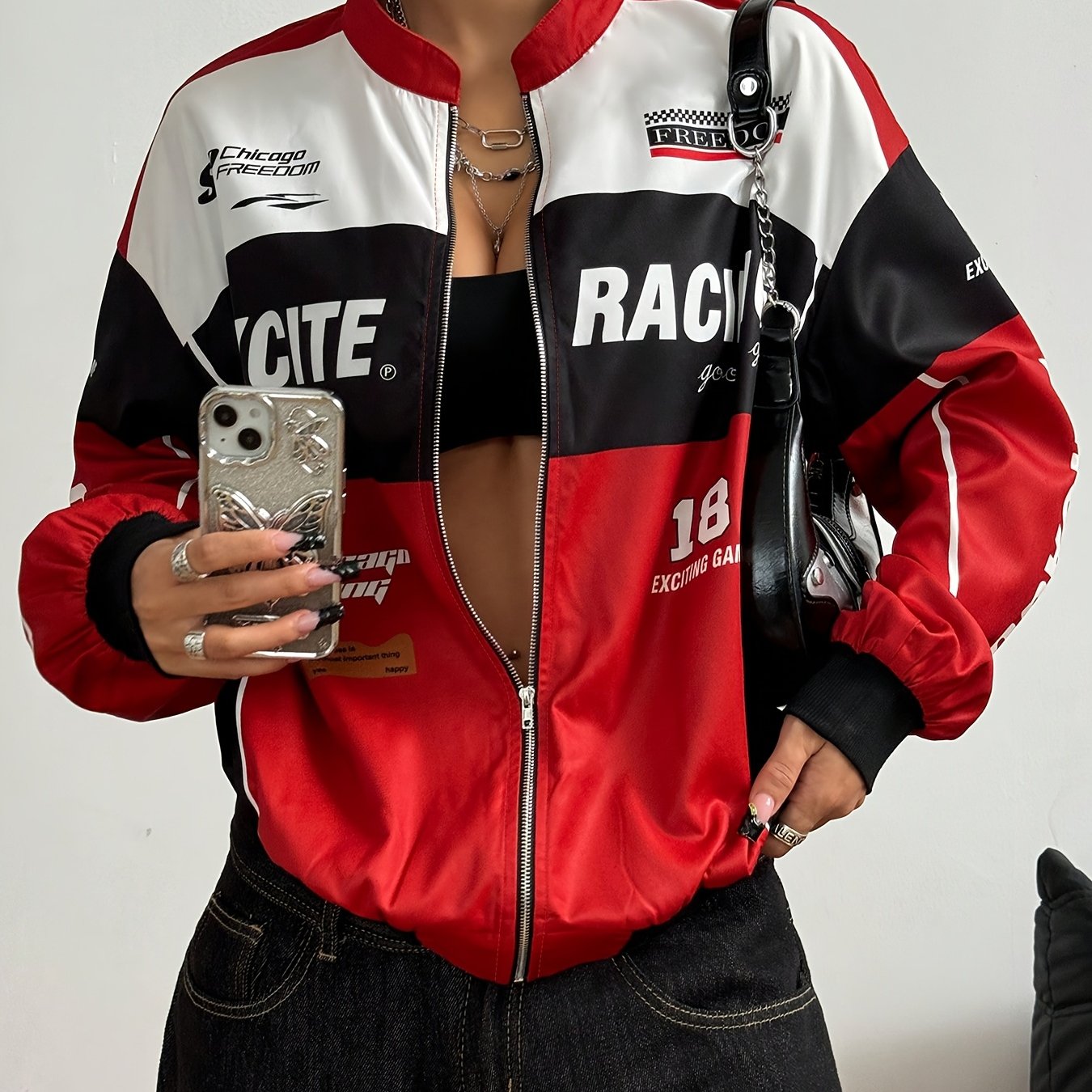 Women'S Vintage-Inspired Letter Print Bomber Jacket - Long Sleeve Zip-Up with Stand Collar, Lightweight Polyester, Black & White Design, Casual Chic for All Seasons SS69 23.69 Mixed Color / XL