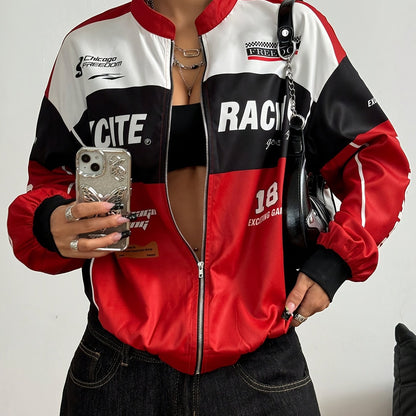 Women'S Vintage-Inspired Letter Print Bomber Jacket - Long Sleeve Zip-Up with Stand Collar, Lightweight Polyester, Black & White Design, Casual Chic for All Seasons SS69 23.69 Mixed Color / XL