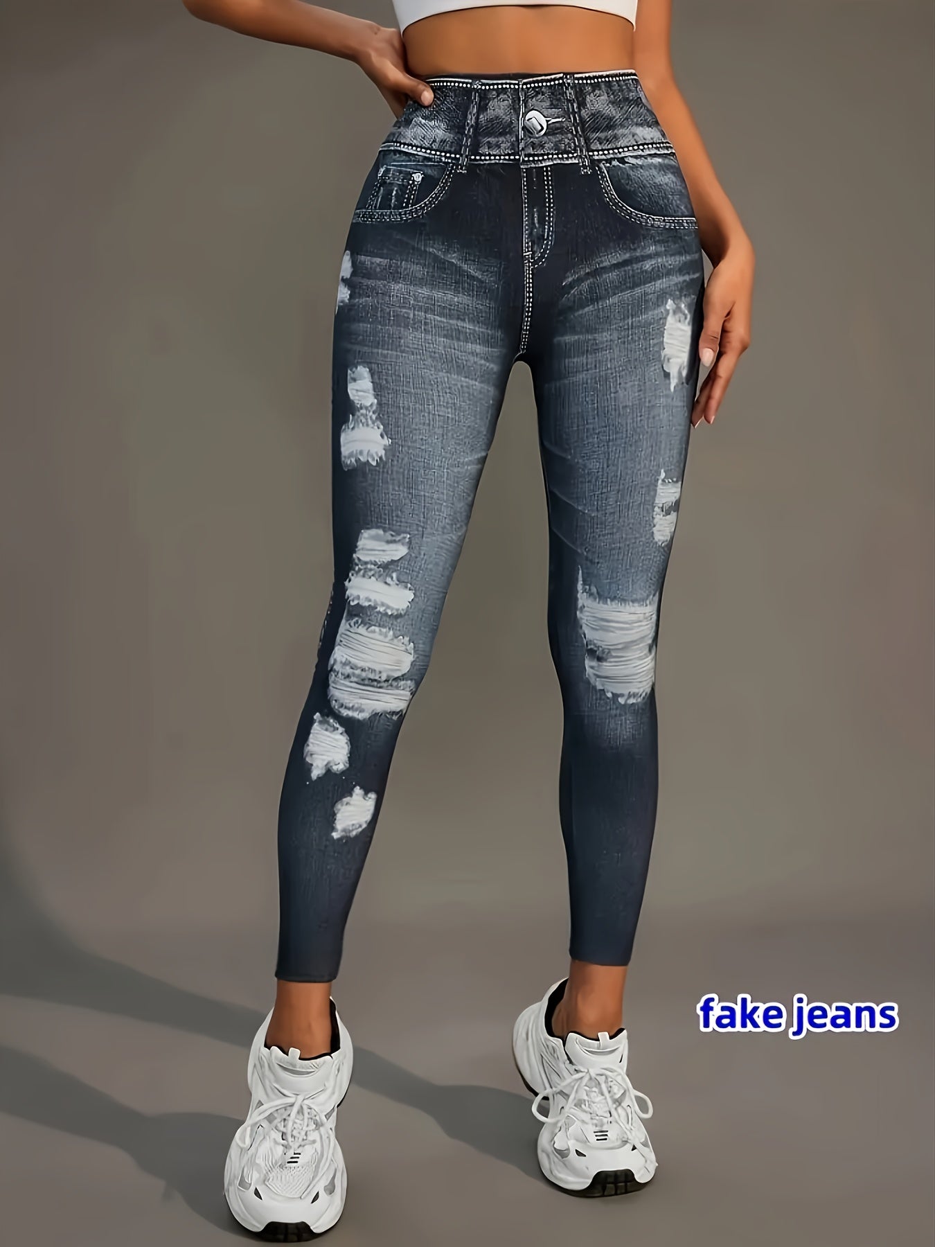 [Denim Print/Imitation Denim] Women's Imitation Denim Print Pants - Stretchy Polyester-Spandex Blend, Full-Body Distressed Design, Faux Pocket, Mid-Rise 9" Length, All-Season Casual & Leggings SS69