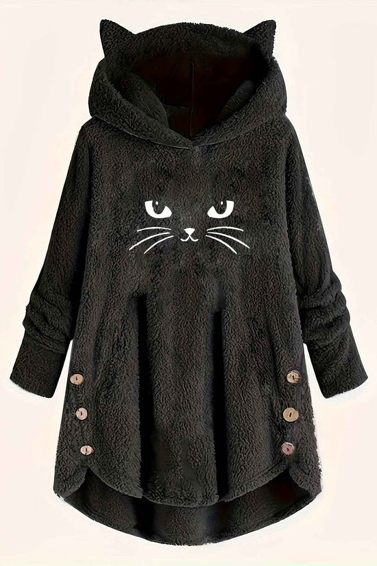 Plus Size, Women's Plus Size Cat Print Button Detail Hem Plush Casual Long Sleeve Hooded Sweatshirt