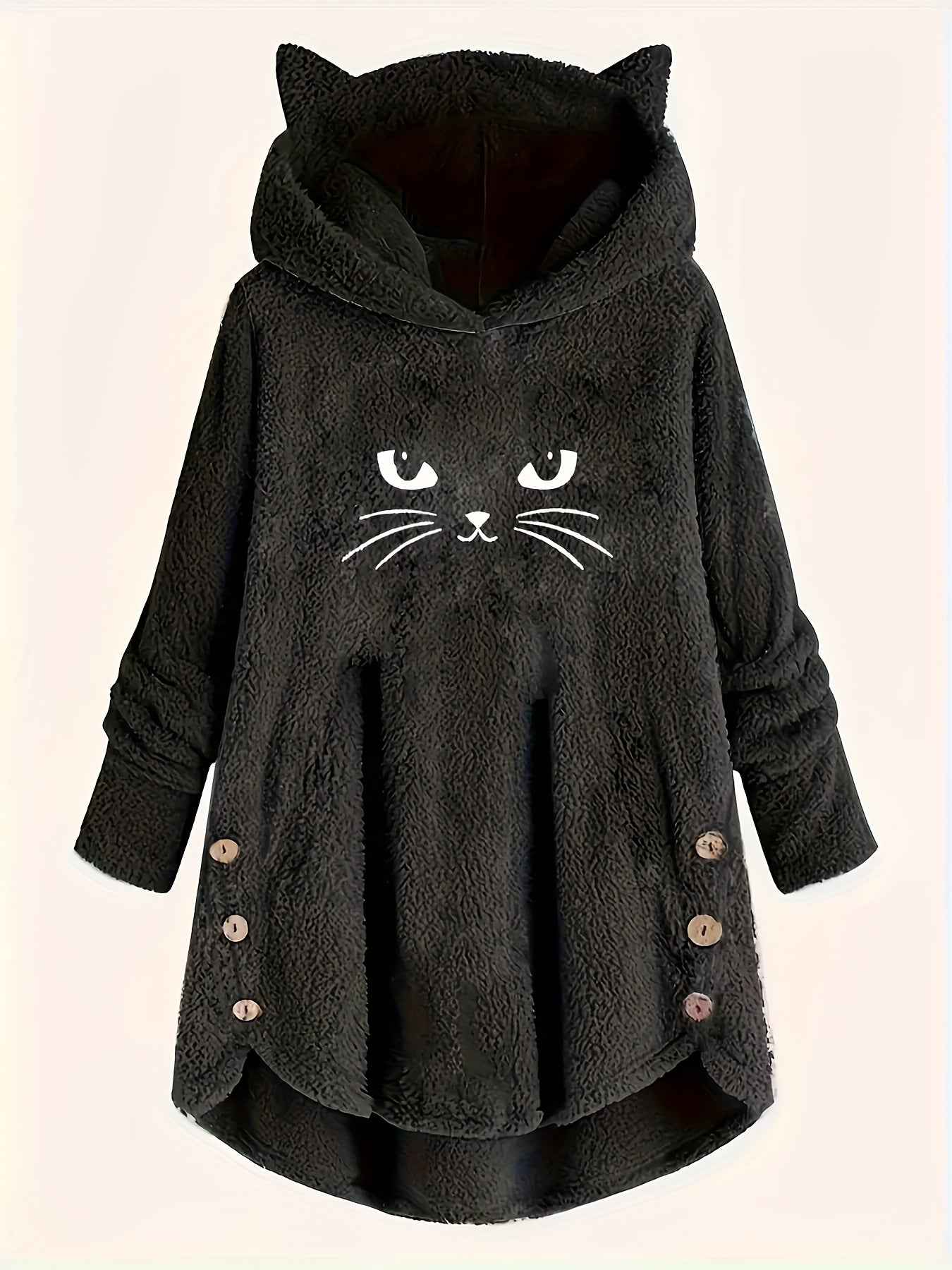 Plus Size, Women's Plus Size Cat Print Button Detail Hem Plush Casual Long Sleeve Hooded Sweatshirt