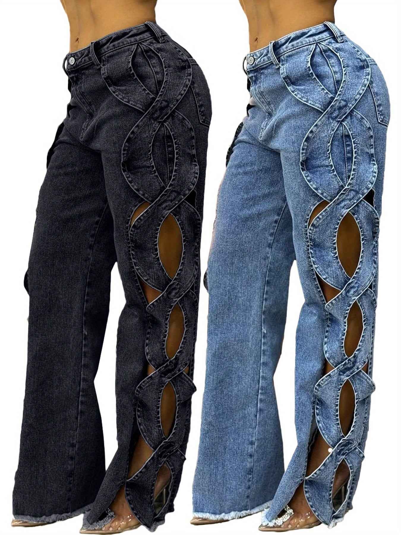 Women'S High-Waisted Wide-Leg Jeans with S-curve Side Cut-Out Design - Stretch Denim, Comfort Fit Leg-Lengthening Pants for Spring/Summer Streetwear & Date Nights, High Waisted Jeans, Date Night Attire, Fashionforward Look, S