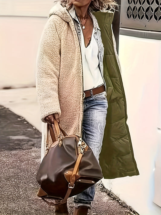 Plus Size, Plus Size Women's Elegant Quilted Teddy Parka Coat - Dual-Sided Hooded Winter Jacket with Full-Length Zipper, A-Line Silhouette & -Sweeping Hem, Machine Washable Outerwear