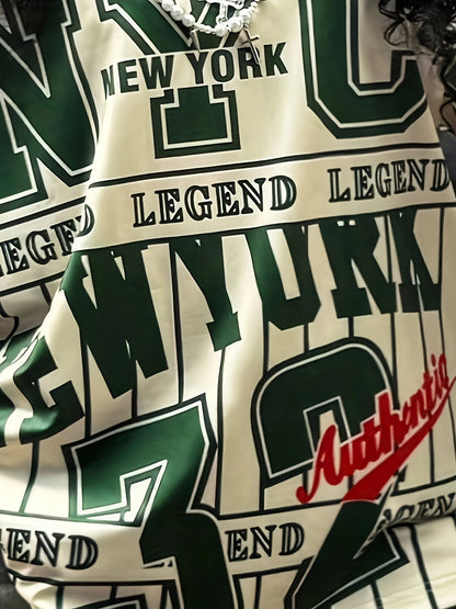 Women's NYC Legend Print Athletic T-Shirt - Casual Crew Neck, Short Sleeve, Lightweight Polyester, Spring/Summer Fashion Top with "N.Y.C. LEGEND" Design, Streetwear Fashion | Trendy Graphic Tee | Glossy Texture Shirt, Ladies SS69