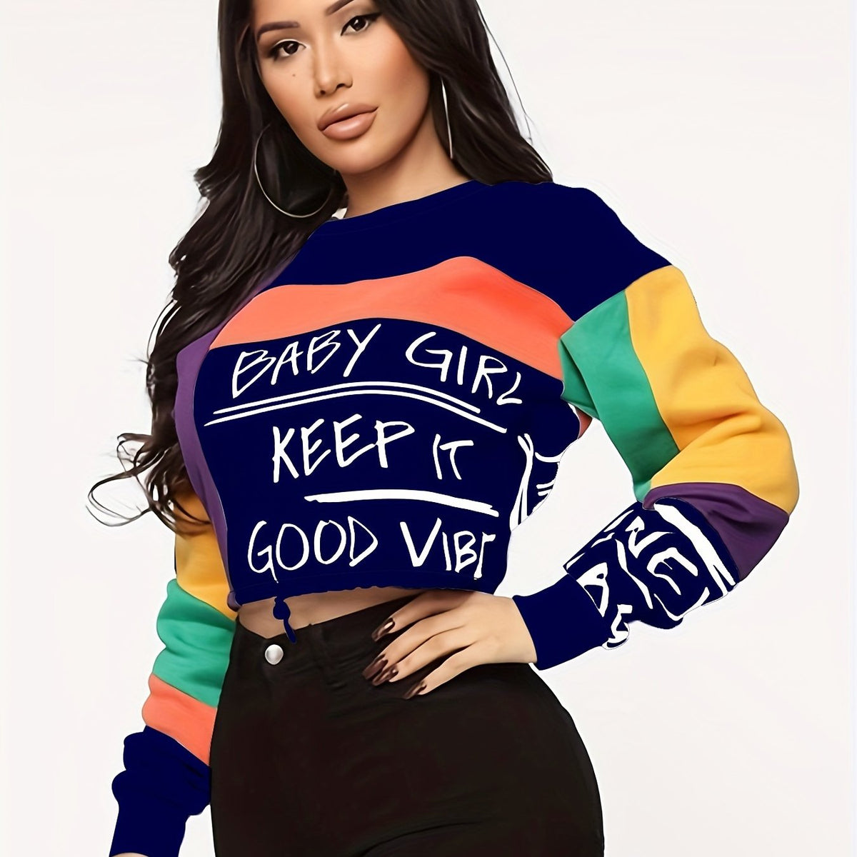 Women'S Color Block Letter Print Sweatshirt - Cozy Long Sleeve Crew Neck For Fall & Winter SS69 21.69 Blue / XXL