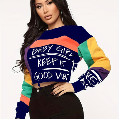 Women'S Color Block Letter Print Sweatshirt - Cozy Long Sleeve Crew Neck For Fall & Winter SS69 21.69 Blue / XXL