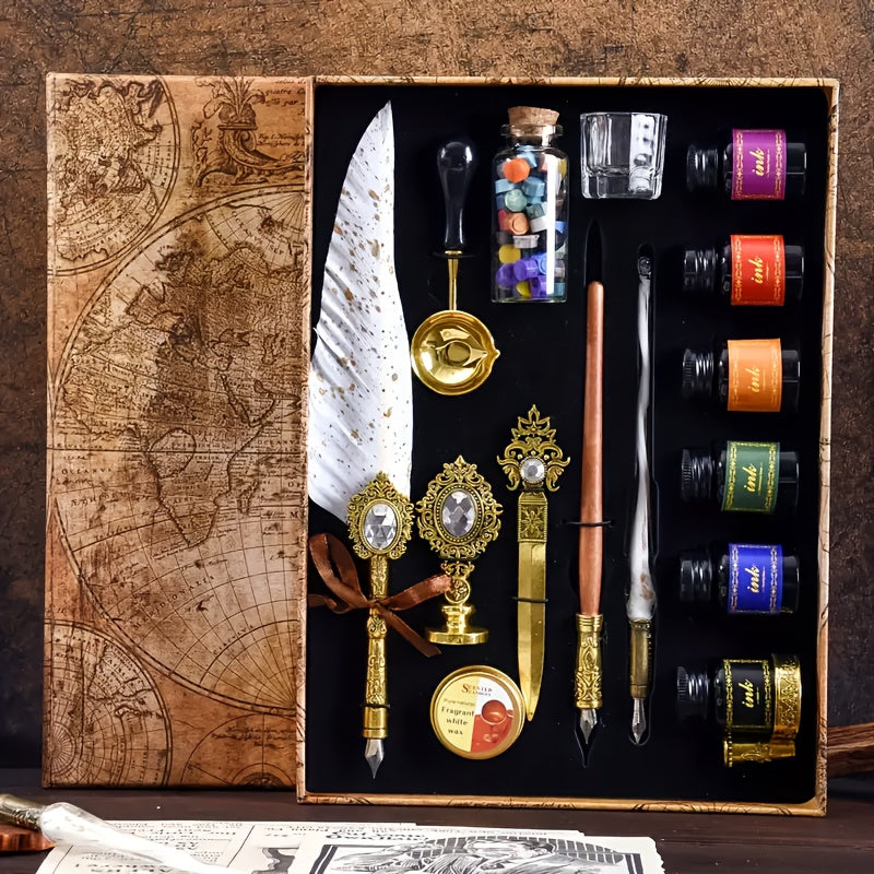 Antique Vintage Quill Pen and Ink Set - Gem Feather Pen Set with Glass Dip Pen, Wooden Dip Pen, Fire Lacquer Wax Beads, Spoon, Seal Stamp, Candle, Pen Base, Cup - Unique Gift for Writers, Artists & History Enthusiasts - Perfe SS69 34.69 White