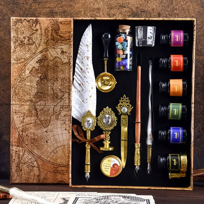 Antique Vintage Quill Pen and Ink Set - Gem Feather Pen Set with Glass Dip Pen, Wooden Dip Pen, Fire Lacquer Wax Beads, Spoon, Seal Stamp, Candle, Pen Base, Cup - Unique Gift for Writers, Artists & History Enthusiasts - Perfe SS69 34.69 White