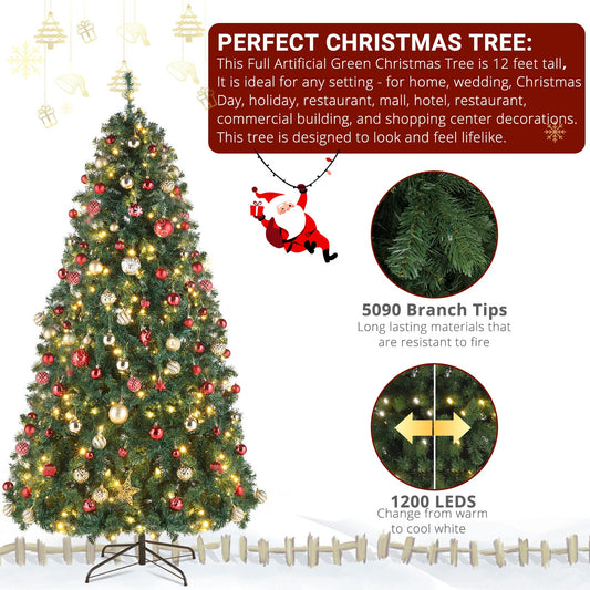 A 10-Foot Giant Pre-Lit Christmas Tree Featuring 5, 090 PVC Branches And a Sturdy Metal Stand, Perfect for Indoor Decoration. It Comes with 1, 200 Warm White Lights And 10 Colorful Modes, Suitable for Holiday Parties, Shops, SS69