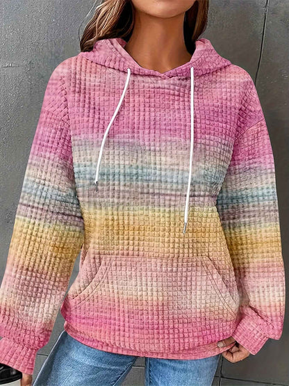 [Plus Size Hooded Sweatshirt] Plus Size - Plus Size - Plus Size - Plus Size - Women's Plus Size Hooded Sweatshirt - Pastel Rainbow Striped Pullover with Drawstring Hood, Soft Stretchy Fabric, Side Pockets - Cozy Fall/winter S
