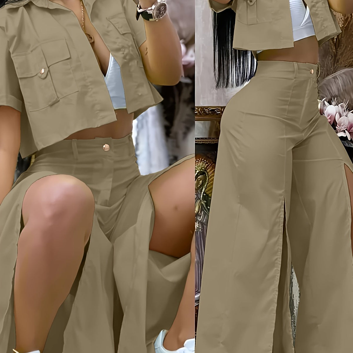 Women's Vibrant Yellow Casual Two-Piece Set: Short Sleeve Button-Up Shirt & High-Waist Wide-Leg Pants with Thigh-High Slit - Polyester, Machine Washable - SS69