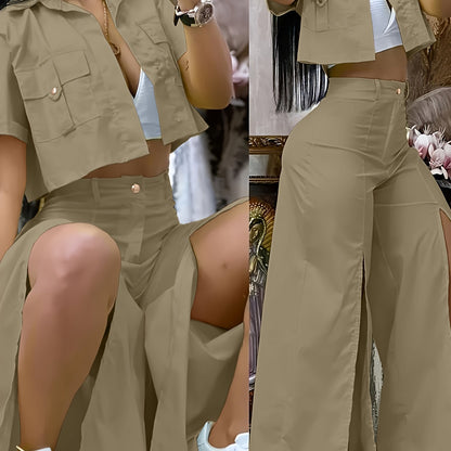 Women's Vibrant Yellow Casual Two-Piece Set: Short Sleeve Button-Up Shirt & High-Waist Wide-Leg Pants with Thigh-High Slit - Polyester, Machine Washable - SS69