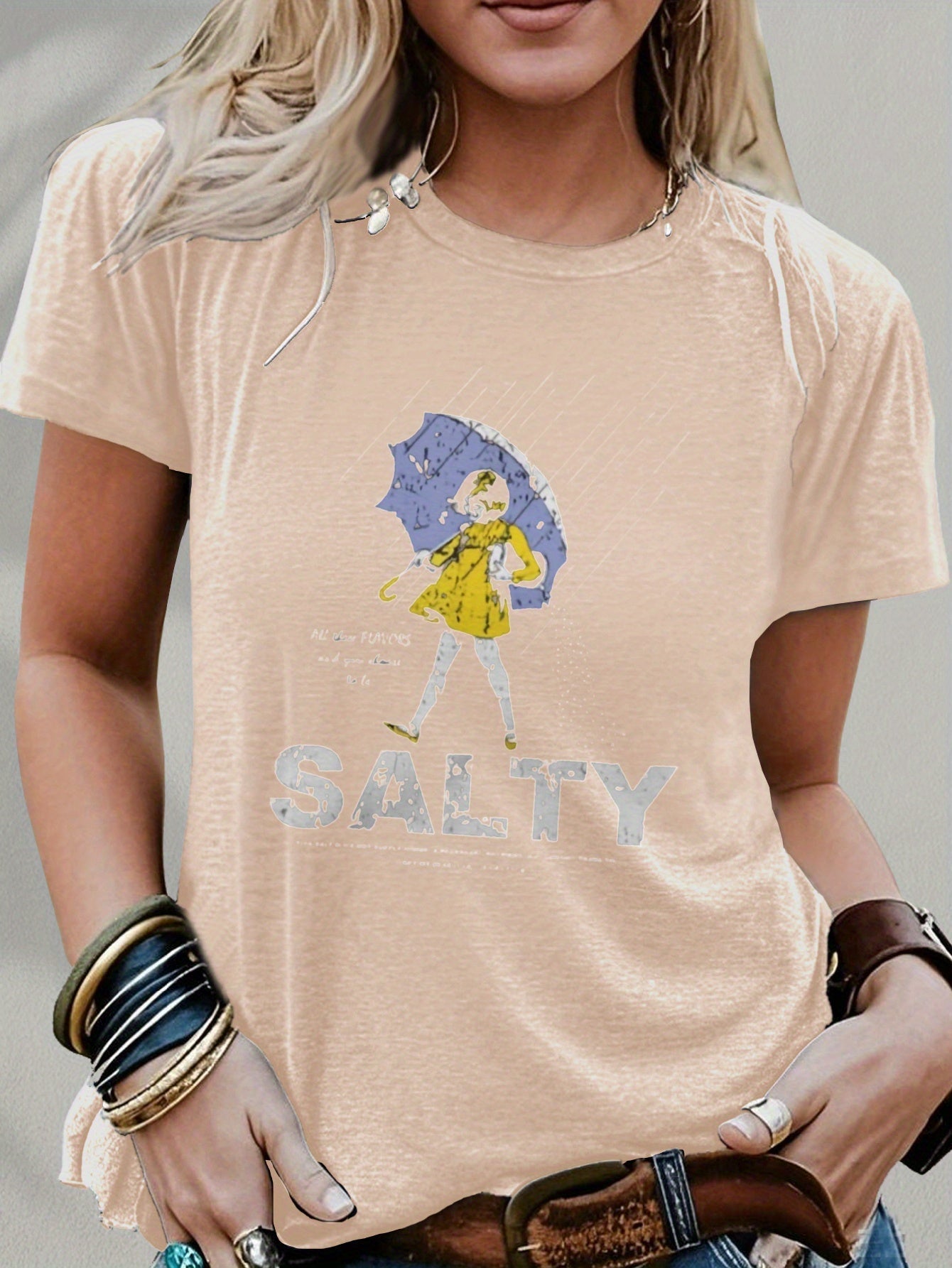 Salty with Umbrella Graphic Tee - Vintage Style Summer Beachwear for Trendy Women, Perfect for Vacation and Everyday Wear, ed T-shirt SS69