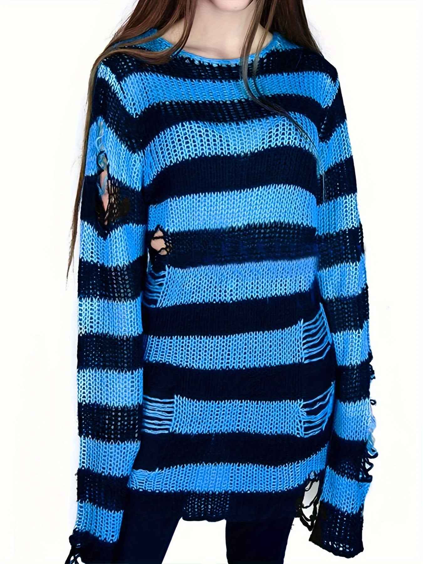 [Gothic Knitted Top] Gothic Long Loose-Fitting Knitted Top - Round Neck, Unique Torn Design with Contrasting Stripes
