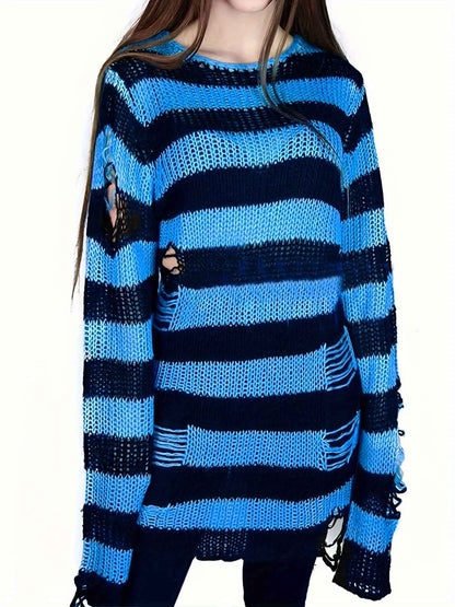 [Gothic Knitted Top] Gothic Long Loose-Fitting Knitted Top - Round Neck, Unique Torn Design with Contrasting Stripes