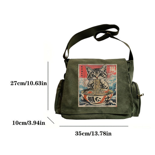 Large Capacity Shoulder Bag, Vintage Tote Crossbody Bag, Messenger Bag, Cat Eating Ramen Print, Suitable for Various Scenarios, Perfect Gift Choice for Shopping, Travel, and Dining Out SS69